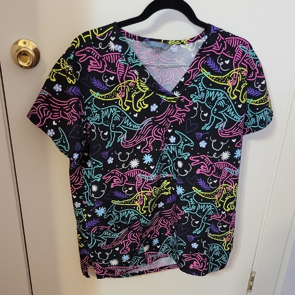 Butter Soft Neon Dinosaur Scrub Top Size Lg With 2 Pockets By Serene